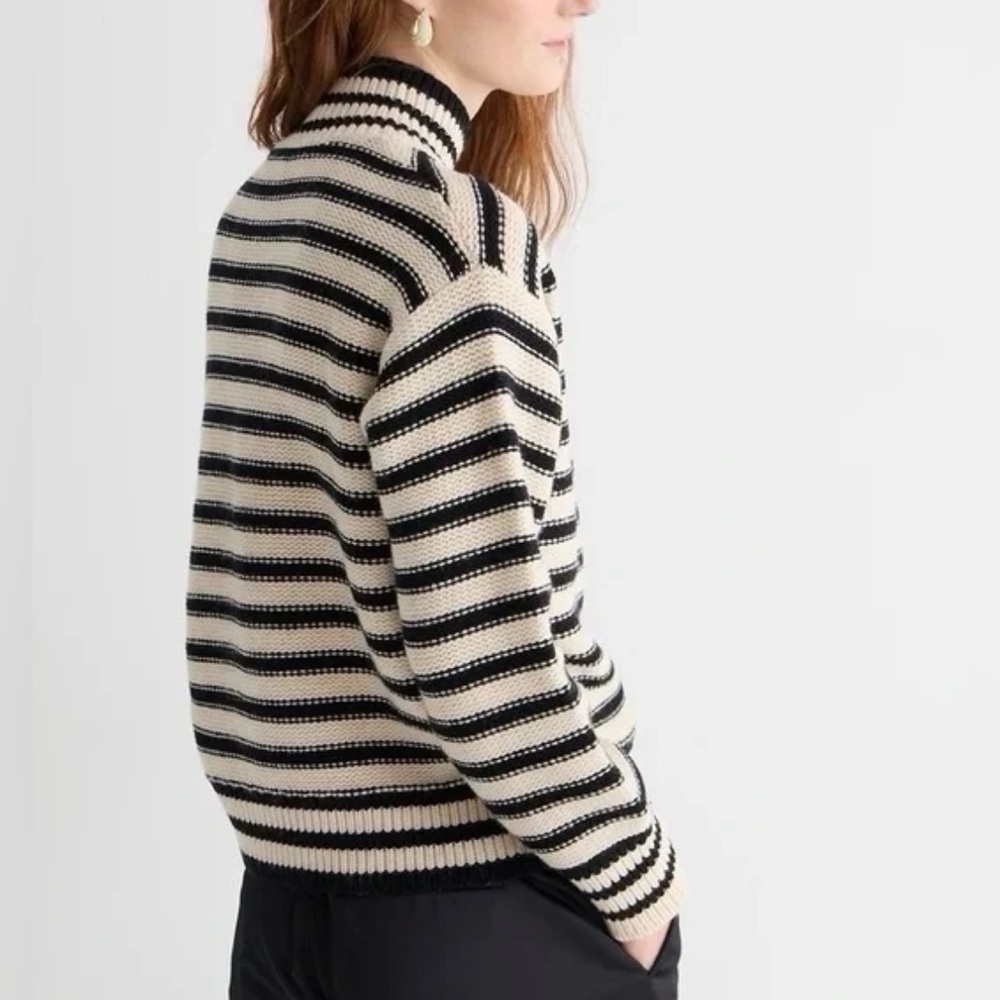 J. Crew Women’s Striped Black & Cream Mockneck Sweater Jewel Button Detail Small - Picture 2 of 13